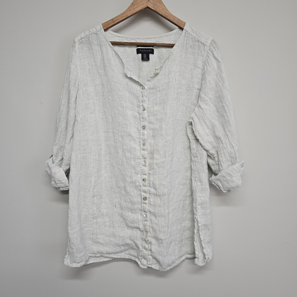Tahari Linen Button Down Women 1X Blue White Striped Roll Tab Coastal Minimalist